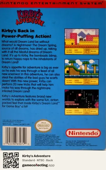 Kirby's Adventure Nintendo Entertainment System, NTSC box back