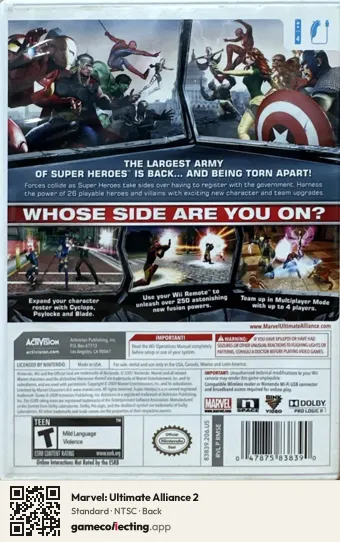 Marvel: Ultimate Alliance 2 Nintendo Wii, NTSC box back