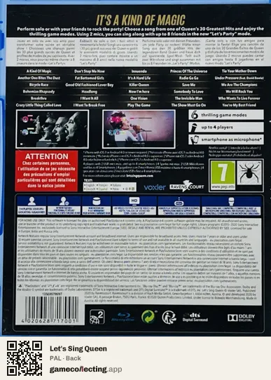 Let's Sing Queen PlayStation 4, PAL box back