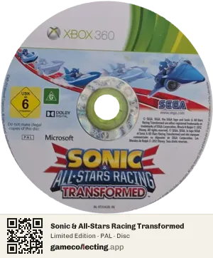 Sonic & All-Stars Racing Transformed Xbox 360, PAL disc