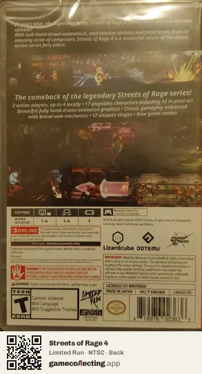 Streets of Rage 4 Nintendo Switch, NTSC box back