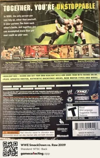 WWE SmackDown vs. Raw 2009 Xbox 360, NTSC box back