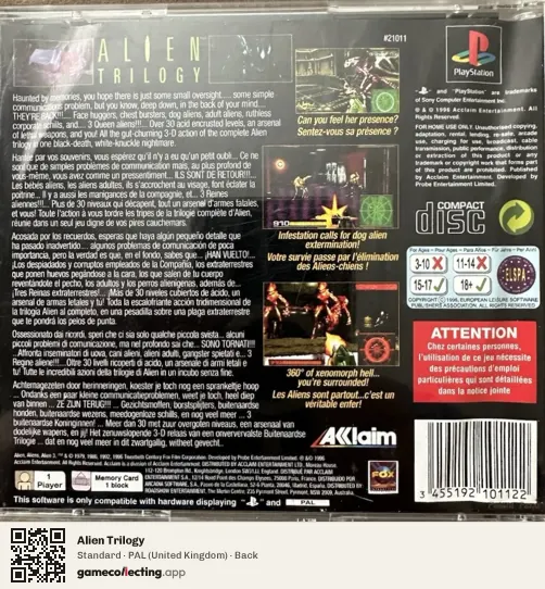 Alien Trilogy PlayStation, United Kingdom box back