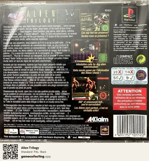 Alien Trilogy PlayStation, PAL box back