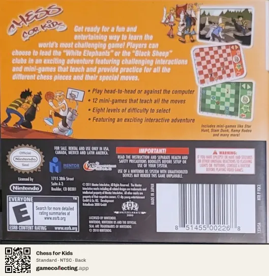 Chess for Kids Nintendo DS, NTSC box back