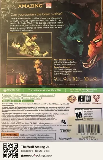 The Wolf Among Us Xbox 360, NTSC box back