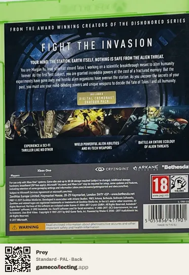 Prey Xbox One, PAL box back