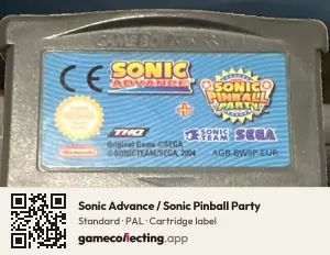Sonic Advance / Sonic Pinball Party Game Boy Advance, PAL cartridge label