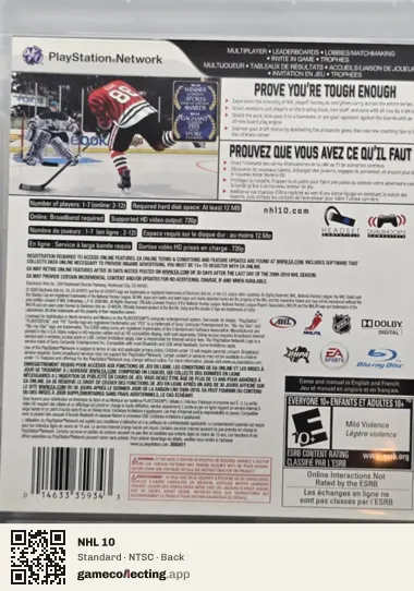 NHL 10 PlayStation 3, NTSC box back
