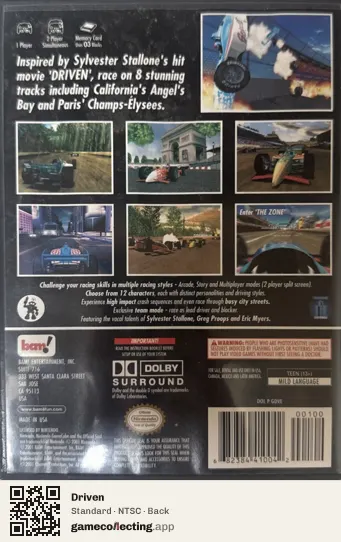 Driven Nintendo GameCube, NTSC box back