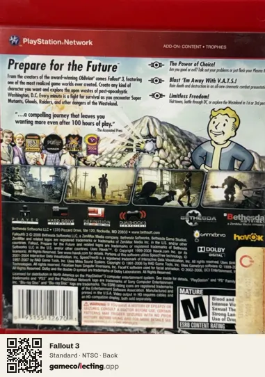 Fallout 3 PlayStation 3, NTSC box back