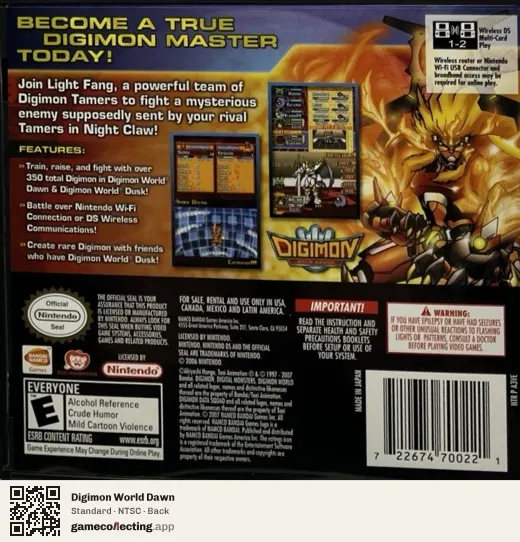 Digimon World Dawn Nintendo DS, NTSC box back