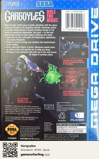 Gargoyles Sega Mega Drive / Genesis, NTSC box back
