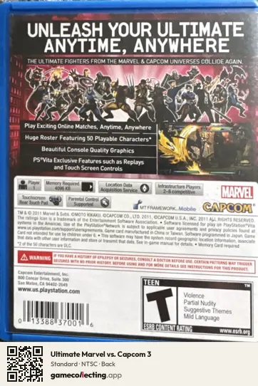 Ultimate Marvel vs. Capcom 3 PlayStation Vita, NTSC box back