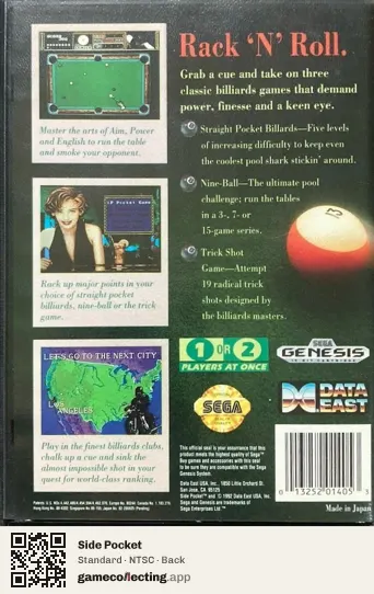 Side Pocket Sega Mega Drive / Genesis, NTSC box back