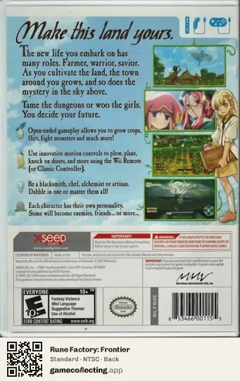 Rune Factory: Frontier Nintendo Wii, NTSC box back
