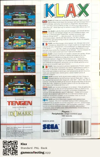 Klax Sega Master System, PAL box back