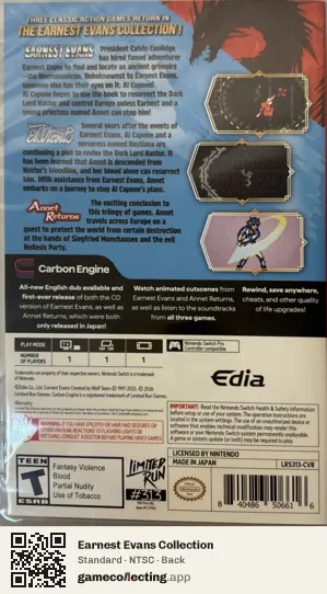Earnest Evans Collection Nintendo Switch, NTSC box back