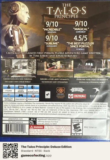 The Talos Principle: Deluxe Edition PlayStation 4, NTSC box back