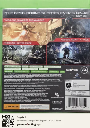 Crysis 3 Xbox 360, NTSC box back