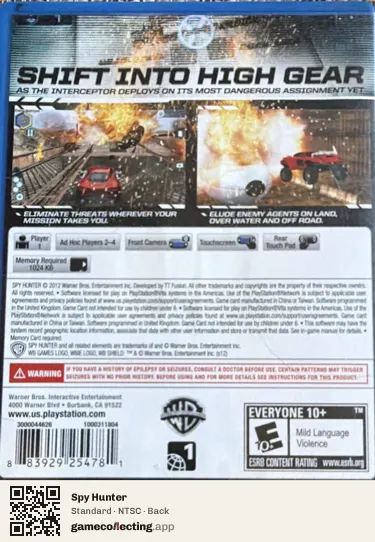 Spy Hunter PlayStation Vita, NTSC box back