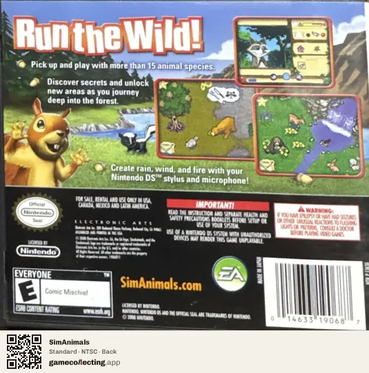 SimAnimals Nintendo DS, NTSC box back
