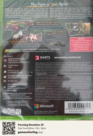 Farming Simulator 25 Xbox Series X, PAL box back