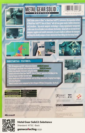 Metal Gear Solid 2: Substance Xbox, NTSC box back