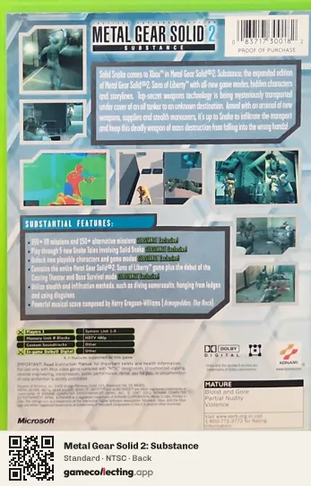 Metal Gear Solid 2: Substance Xbox, NTSC box back