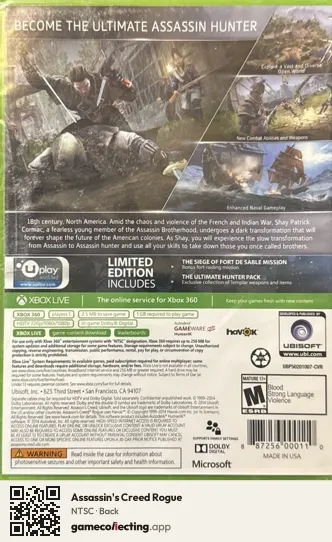 Assassin's Creed Rogue Xbox 360, NTSC box back