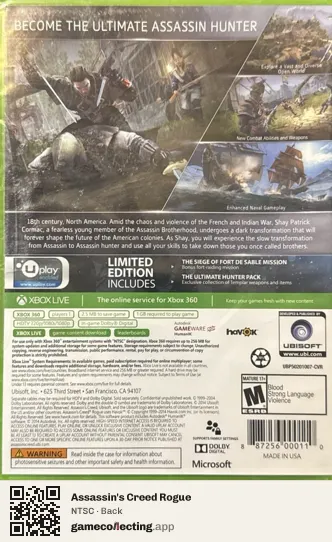 Assassin's Creed Rogue Xbox 360, NTSC box back