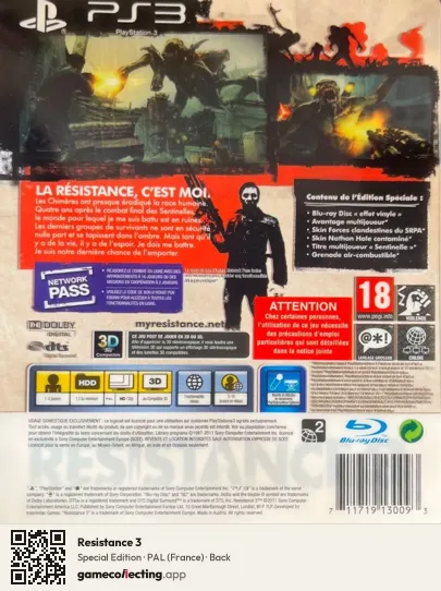 Resistance 3 PlayStation 3, France box back