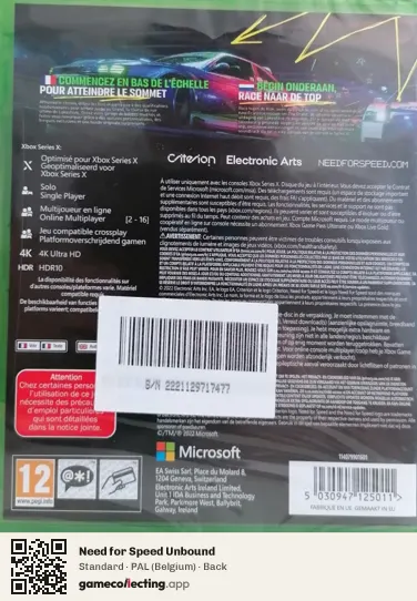 Need for Speed Unbound Xbox Series X, Belgium box back
