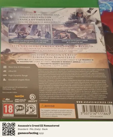 Assassin's Creed III Remastered Xbox One, Italy box back