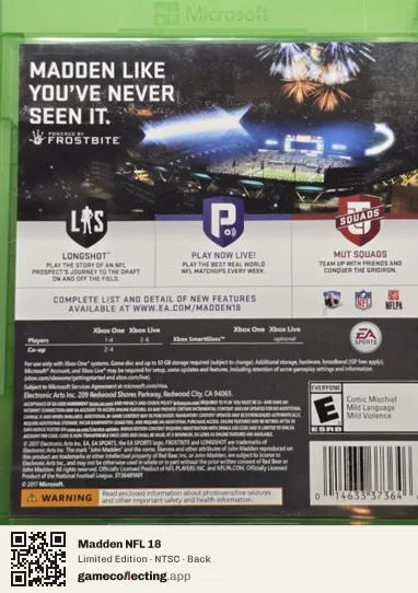 Madden NFL 18 Xbox One, NTSC box back