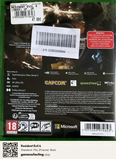 Resident Evil 4 Xbox Series X, France box back