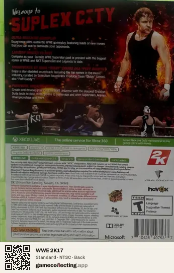 WWE 2K17 Xbox 360, NTSC box back