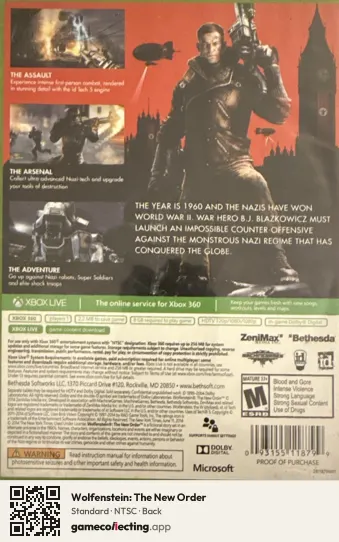 Wolfenstein: The New Order Xbox 360, NTSC box back
