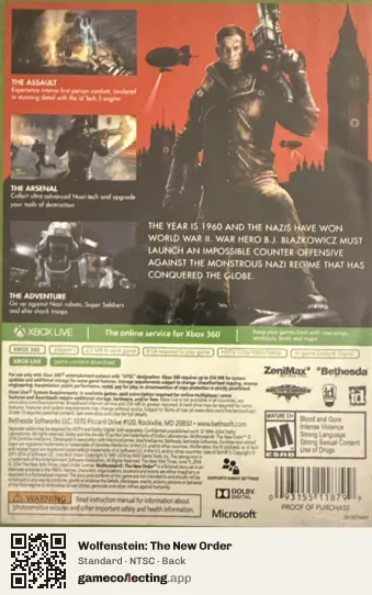 Wolfenstein: The New Order Xbox 360, NTSC box back