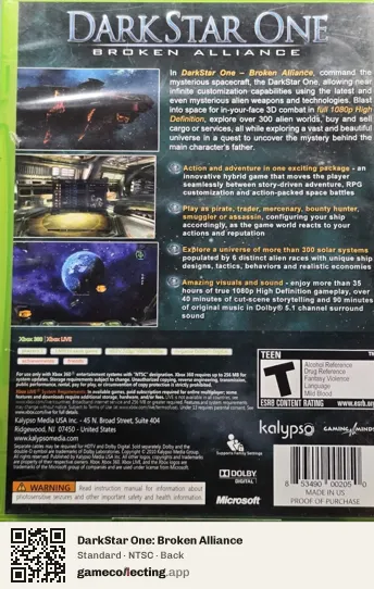 DarkStar One: Broken Alliance Xbox 360, NTSC box back
