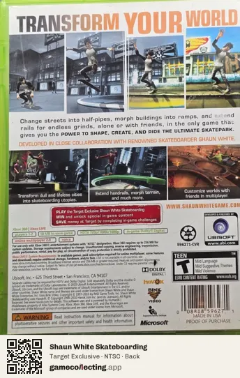Shaun White Skateboarding Xbox 360, NTSC box back