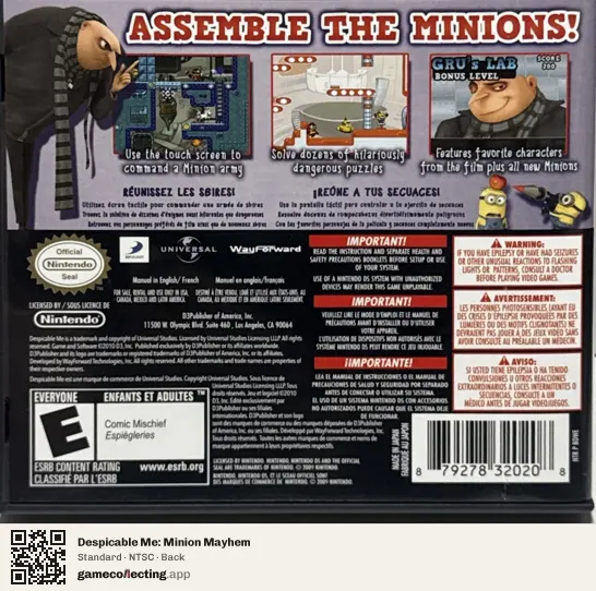 Despicable Me: Minion Mayhem Nintendo DS, NTSC box back