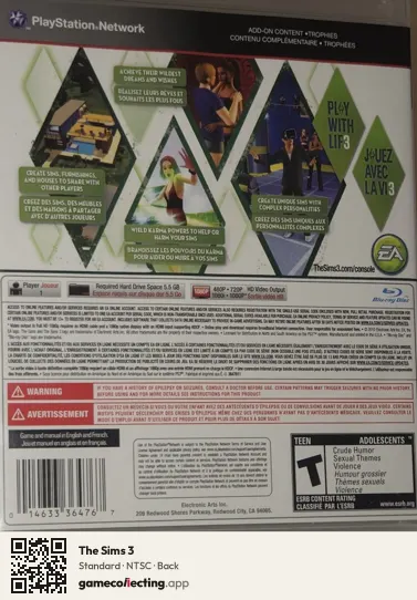 The Sims 3 PlayStation 3, NTSC box back