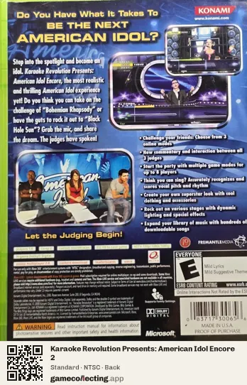 Karaoke Revolution Presents: American Idol Encore 2 Xbox 360, NTSC box back