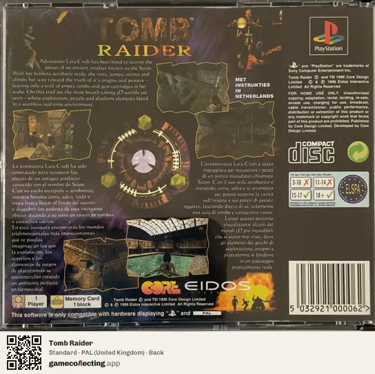 Tomb Raider PlayStation, United Kingdom box back