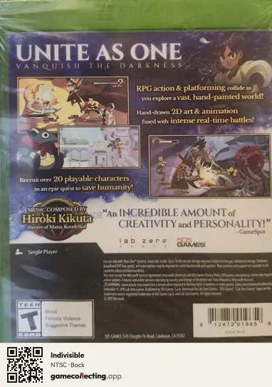 Indivisible Xbox One, NTSC box back