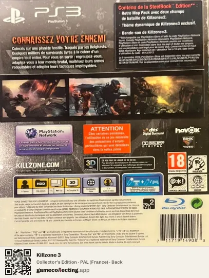 Killzone 3 PlayStation 3, France box back