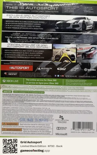 Grid Autosport Xbox 360, NTSC box back