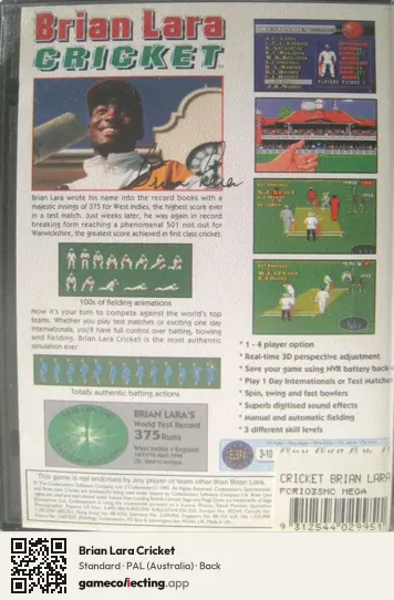 Brian Lara Cricket Sega Mega Drive / Genesis, Australia box back