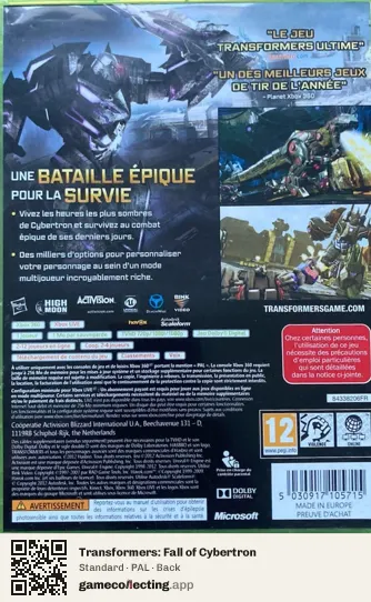 Transformers: Fall of Cybertron Xbox 360, PAL box back